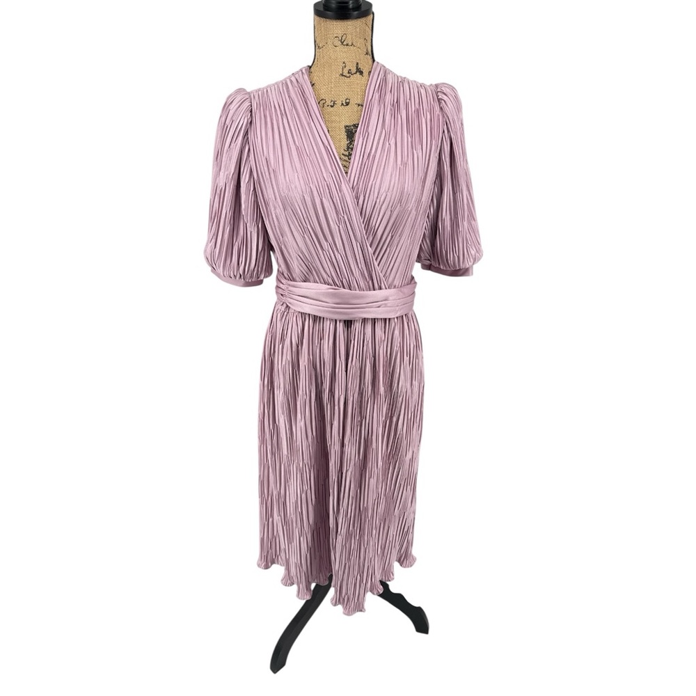 VTG Crinkle Pleated Wrap Midi Dress Spring Wedding‎ Guest Dusty Pink Puff Sleeve